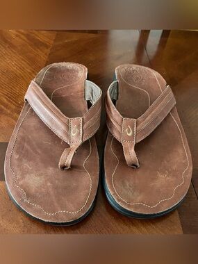 OluKai Moko Men’s Leather Sandals Flip Flops - Brown - Size US 15 / EU 48